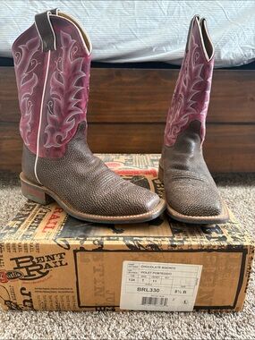 Justin Boots Brown Leather Foot with Violet Embroidered Shaft Western Boots
